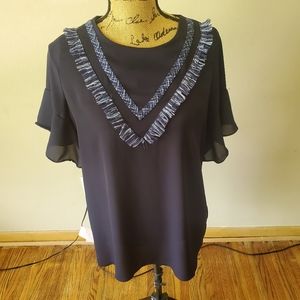 Bori Navy Blue Black Short Sleeve Crew Neck Pullovee Blouse Plus Size 1X